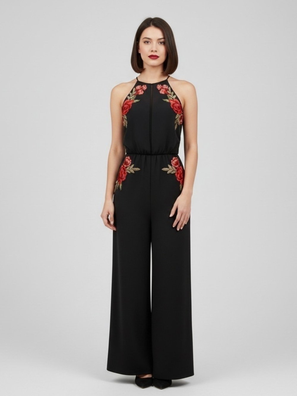 Gianni Bini Black Halter Jumpsuit Floral Embroidered Wide Leg Boho Formal Large
